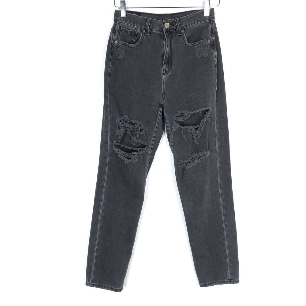 American Eagle Distressed Mom Jeans High Waist Straight Leg Washed Black 2
